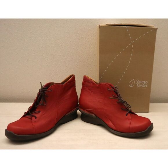 Sergio Tomani Women's Sz 37 US 6.5-7 Red Leather Lucy Lace-Up Booties - Picture 1 of 12